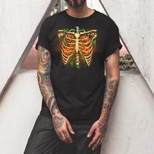 Spooky Skeleton Ribcage T-Shirt Gothic Pumpkin Vines Halloween Men Women Tee picture