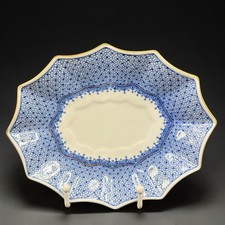 Mottahedeh Blue Lace Scalloped Oval Bowl Dish Porcel Portugal Gold Rim 8 Inch picture