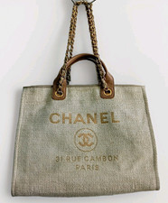 CHANEL Beige Logo Tote Bag Gold Chain Leather Top Handles Detachable Strap picture