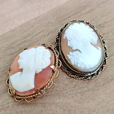 2 Antique Rolled Gold & Gold Tone Shell Cameo Brooches  Neoclassical  Portraits picture