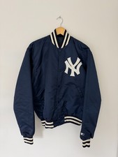 Vintage Starter New York Yankees Satin Bomber Jacket Navy Blue Mens L MLB picture