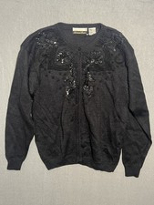 Dana Scott Women's Black Beaded Sequin Cardigan Sweater Size L Large Vintage picture