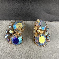Vintage Alice Caviness Clip On Earrings ONE MISSING BACK Gold Tone AB Rhinestone picture