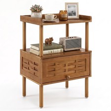 Bamboo Rattan Nightstand, Natural Side Table w/ Raised Edge & Flip-Up Door picture