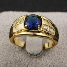 1.60CT Round Natural Blue Sapphire & Diamond Men's Wedding Ring 14K Yellow Gold picture