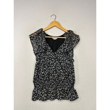 Boho Cottagecore Jaxon Women Medium Black Floral Smocked Peplum Flutter Top picture
