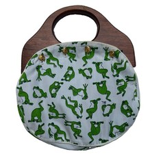 Vintage J.G. Hook Novelty Frog Print Navy Handbag Wooden Handle Bermuda Bag picture