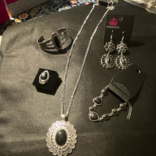 Paparazzi Silver/Black Mixed Lot Necklace Bracelet Earrings Ring, 5 Pcs picture