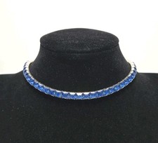 Glamorous Vintage Art Deco Style 30s Blue Square Rhinestone Choker Necklace 