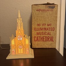 Vintage 1950s Light Up Church Cathedral/Music Box By Raylite Electric Corp. 13” picture