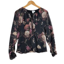 Joie Floral Print Sheer Peasant Long Sleeve Blouse size Small Black/Pink picture