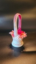 Vintage Imperial Glass Slag Glass Basket Diamond Point Hobnail Orange White Deco picture