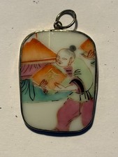 Vintage Chinese Hand Painted Porcelain & Silver Pendant picture