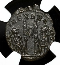 ROMAN EMPIRE. Constantine II, AD 337-340. Æ Nummus, Soliders, NGC Choice AU picture