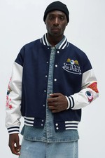 Von Dutch Men Bomber Jacket Eyeball Print Puffer Navy Size Medium picture