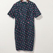 Boden Sheath Dress Womens 10 Green Pink Floral Short Sleeve Textured Pockets picture