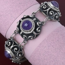 Vtg 1940s Early Mexican Natural Amethyst Sterling Silver ShadowBox Bracelet picture