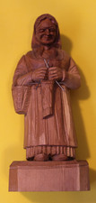 VINTAGE HAND CARVED WOODEN OLD WOMAN KNITTING FIGURINE FOLK ART picture
