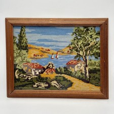 Vintage Handmade Needlepoint Framed 15x19 European Lake Cottage Landscape Art picture