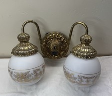 Vintage MCM Brass Wall Sconce Double Globe Milk Glass Gold Floral Light Fixture picture