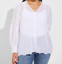 Torrid Blouse Womens 2X White Chiffon Eyelet Embroidered Button Tunic Boho NWT picture