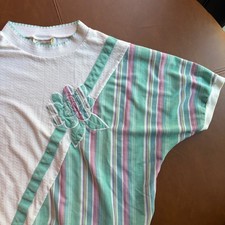 VTG 80s Just Cristina Pastel Striped Color Block Batwing Top Blouse Banded Hem M picture