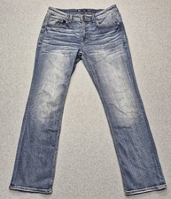 BKE Derek Jeans Mens 32x32 Blue Distressed Bootcut Thick Stitch Flap Pockets picture