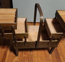 Rare Antique Scandinavian Strommen Bruk Hamar Expanding Teak Sewing Basket Handl picture