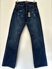 Seven7 Men’s Blue Dark Wash Distressed Bootcut Jeans Regular Fit 5-Pocket picture