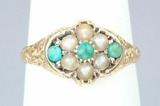 Pretty Antique Victorian 15K Gold Turquoise Pearl Floral Engraved Ring 1869 5.75 picture