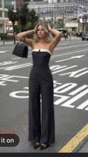 NWT Bershka Black/White Strapless Sleeveless Wide-Leg Jumpsuit Size XS picture
