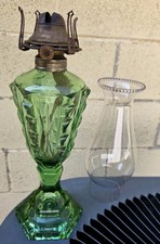 ANTIQUE Green EAPG 6 Sided No. 1 OIL LAMP QUEEN ANNE BURNER Cut Glass & Star picture