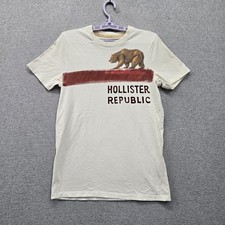 Hollister Men Shirt M Cream Graphic Bear Logo Short Sleeve Y2K picture