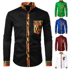 Men's African Long Sleeve Printed Patchwork Design Button Up Shirt picture