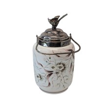 Victorian Silver Plate Biscuit Barrel w/ Bird Finial, Hand-Painted Florals picture