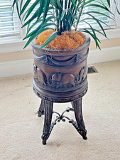 Faux Palm Plant w/ Vtg Ornate Elephant Carved Indoor Wood Plant Stand  Boho 7ft picture