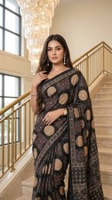 Semi Modal Silk Ajrakh Print Saree Real Mirror Work Indian Ethnic Sari Blouse picture