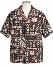 Vintage 1960s Ui-Maikai Hawaiian Barcloth Shirt Brown/Ivory Tribal Tiki Size 5X picture