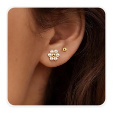 SmileBelle Daisy Earring for Women,2 Pairs Dainty Stud Pearl Medium, gold picture