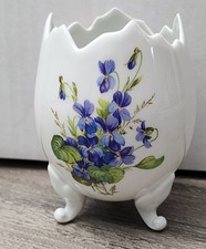 Vintage Limoges France Tri-Foot Porcelain Violet Floral Cracked Egg Vase picture