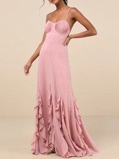 Lulus Priela Pink Ruffled Lace-Up Maxi Dress Size Large picture