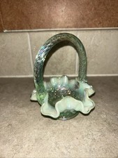 Vintage Fenton Emerald Green Opalescent Hobnail Basket picture