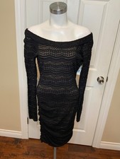 BCBG Max Azria Halle Black Lace Ruched Sheath Dress W/ Nude Lining, Size S picture