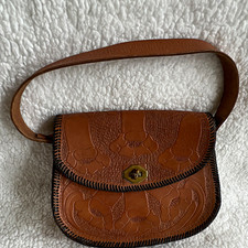 VTG Mexican Hand Tooled Leather Western Shoulder Bag with Brass Hardware picture