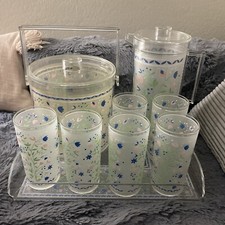 Vtg H J Stotter Acrylic Floral Tumbler Cups Ice Bucket Large Tray Pitcher Set picture