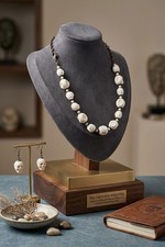 Vintage 1950s Carved White Glass Bead Necklace Brass Filigree Caps Graduated picture