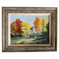 Oil Painting Amish Barn Fall Landscape Rustic Framed Signed 15.5