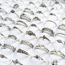Wholesale 50/100pc Mix Floral Vintage Rings Antique Silver Plated Design Charms picture