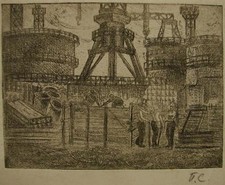 Ukrainian Soviet etching realism industrial painting factory girl   picture