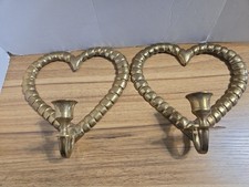 2 Vtg. MCM Solid Brass Heart Candleholder Wall Sconces picture